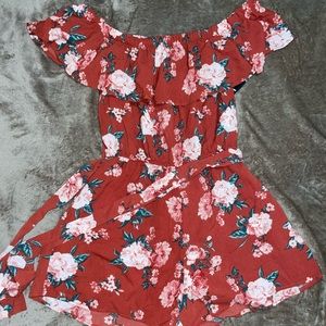 Justify off shoulder ruffle romper w/ tie